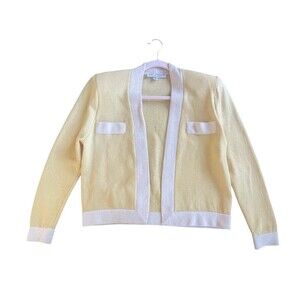 ST. JOHN SPORT Sz S Butter Yellow with‎ White Trim Wool/Rayon Knit Cardigan